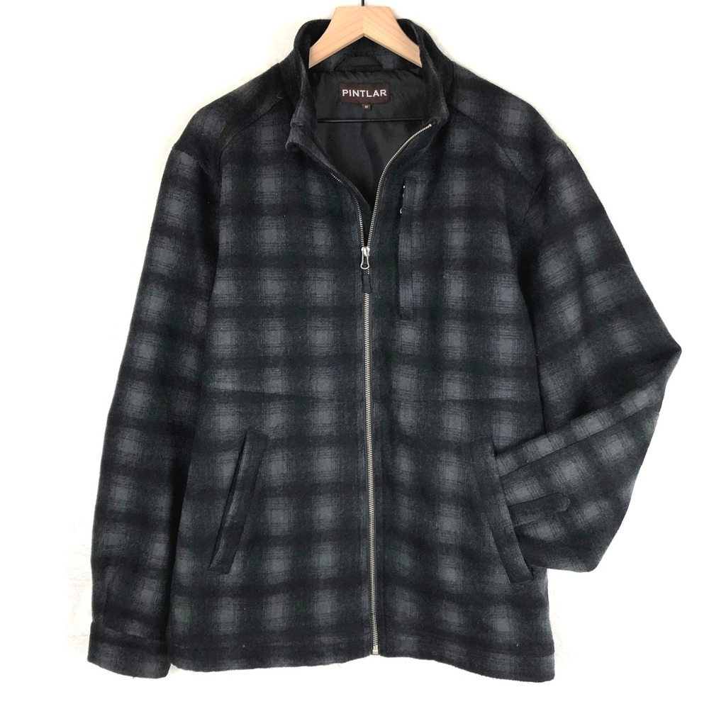 PINTLAR Wool Blend Plaid Full Zip Jacket Men's Sz M Grey Black Plaid Pockets‎